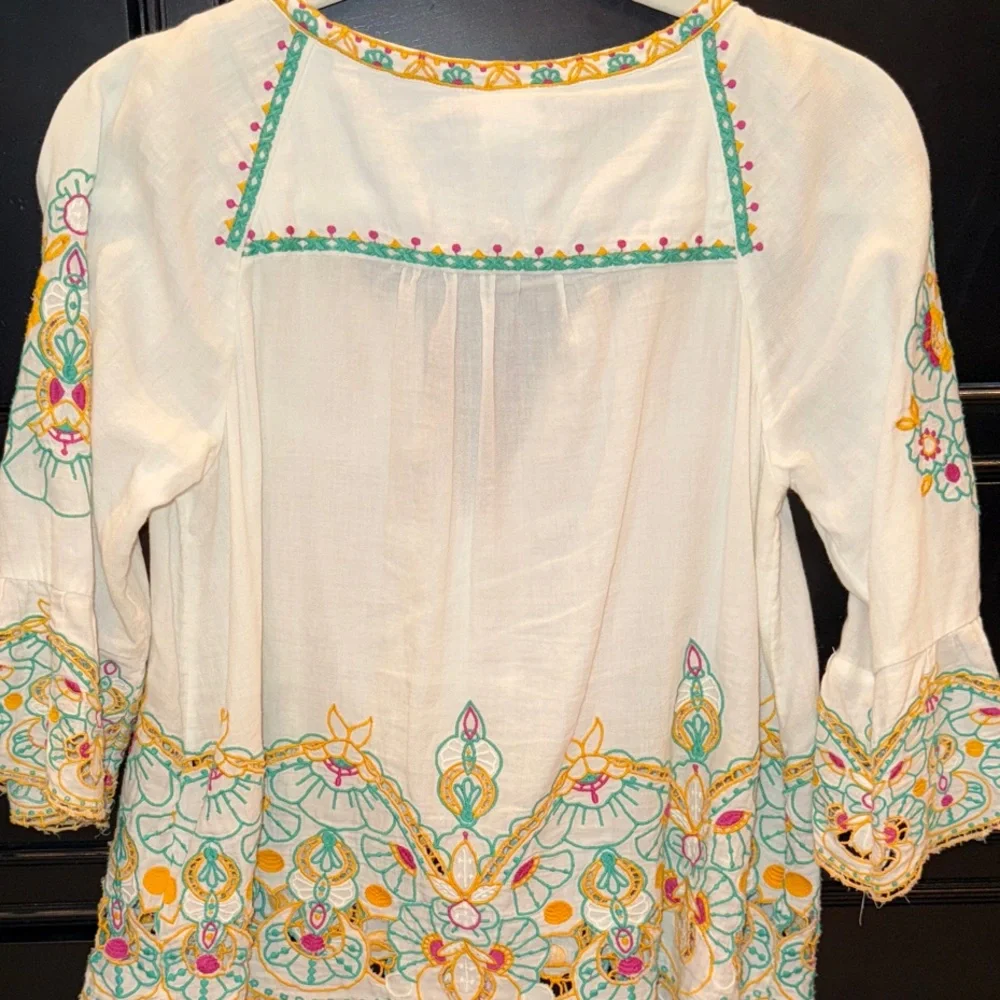 Anthropologie White Embroidered Peasant Tunic with Yellow & Turquoise Accents - Picture 4 of 5